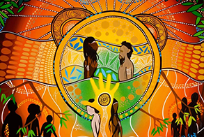 Aboriginal artwork with illustrations of two Aboriginal people