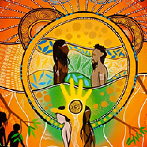 Aboriginal artwork with illustrations of two Aboriginal people